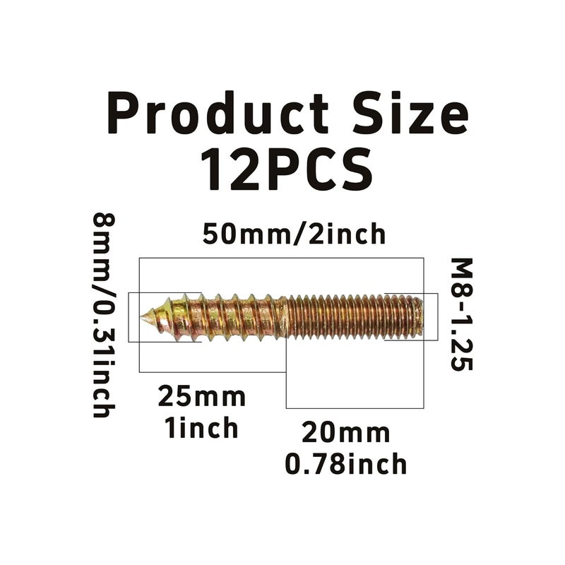 bociloy 12Pcs M8x50mm Hanger Bolts, Double Ended Thread Dowel Screws, Self-Tapping Screws for Secure Wood Joints - Image 2